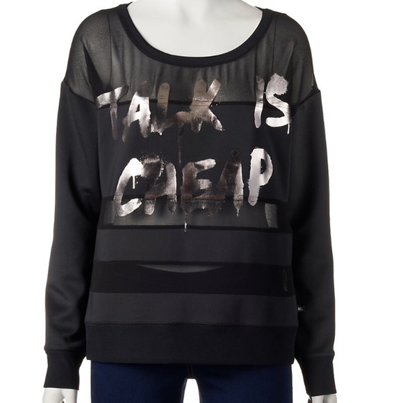 Rock & Republic Tops - Rock & Republic Black "Talk is Cheap" Mesh Sweatshirt with Silver Writing -Large